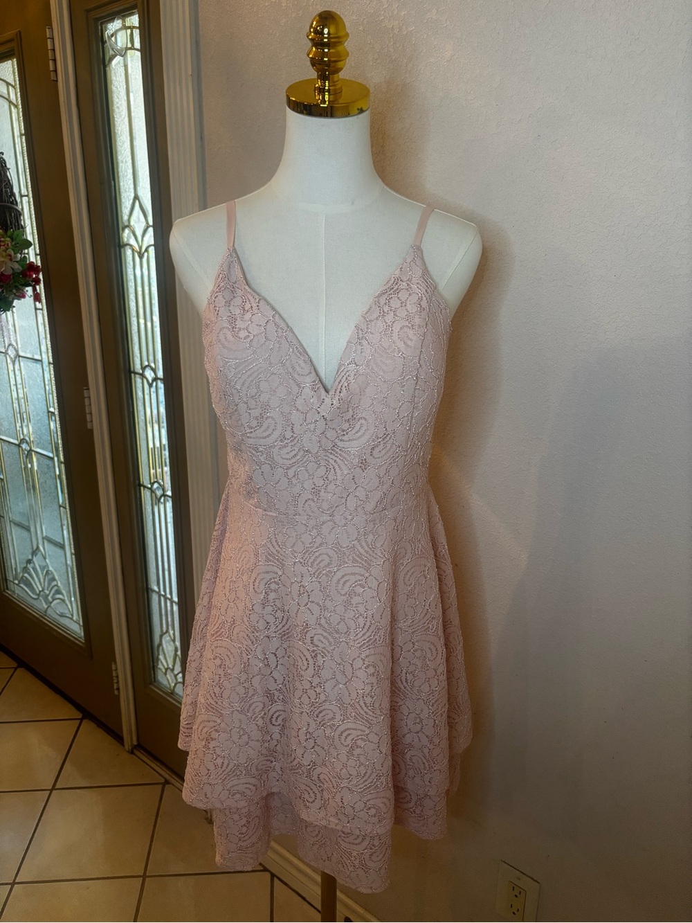 Lace A-Line Spaghetti Strap Dress in Blush Pink